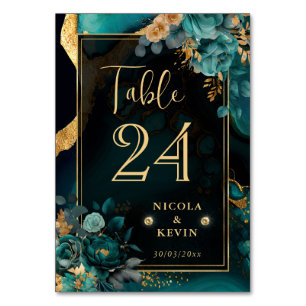 Luxury Teal and Gold Floral Agate Wedding Table Number