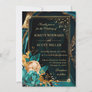 Luxury Teal and Gold Floral Rose Agate Wedding Invitation