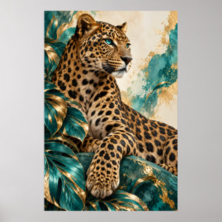Luxury Teal and Gold Leopard Art Poster