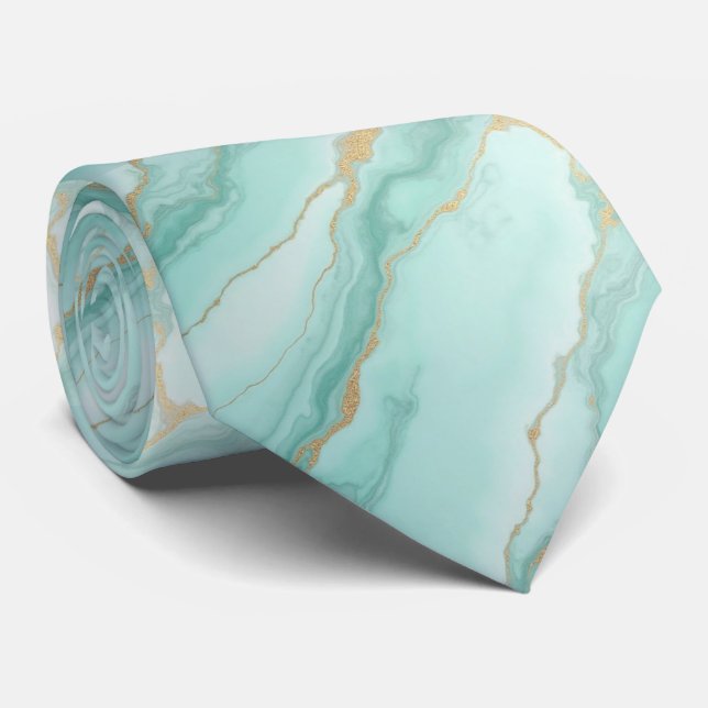 Luxury Teal and Gold Marble Fluid Art Pattern Neck Tie (Rolled)