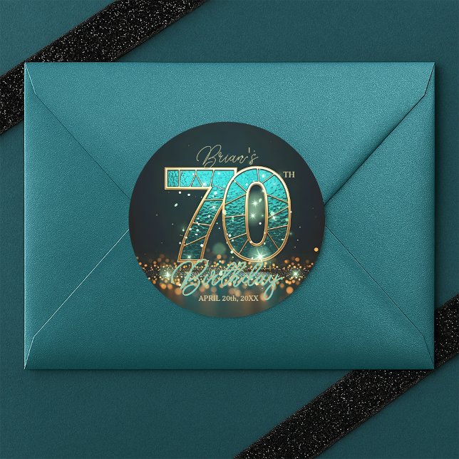 Luxury Teal and Gold Stained Glass 70th Birthday Classic Round Sticker (Creator Uploaded)