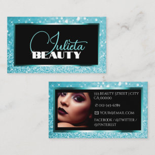 Luxury Teal Blue Sparkle Glitter Photo Template Business Card