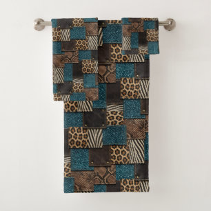 Luxury Teal Glitter African Animal Print Towel Set