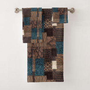Luxury Teal Glitter African Animal Print Towel Set