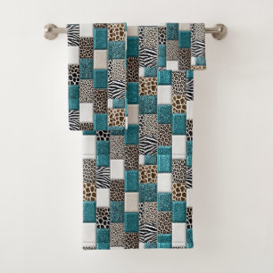 Luxury Teal Glitter African Animal Print Towel Set