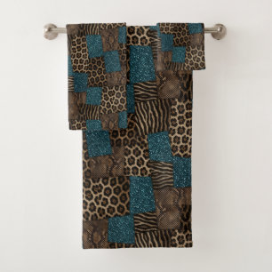 Luxury Teal Glitter African Animal Print Towel Set