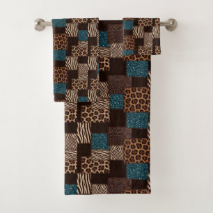 Luxury Teal Glitter African Animal Print Towel Set