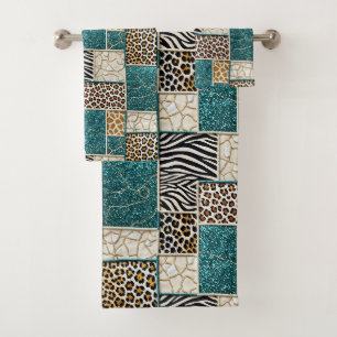 Luxury Teal Glitter African Animal Print Towel Set