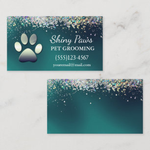 Luxury Teal Glitter Dog Paw Pet Grooming Service Business Card