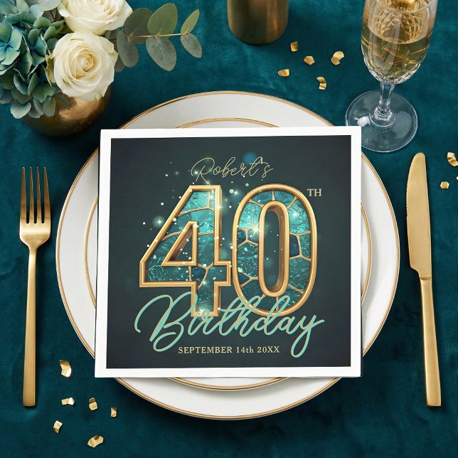 Luxury Teal Gold Agate Mosaic 40th Birthday Party Napkin (Creator Uploaded)