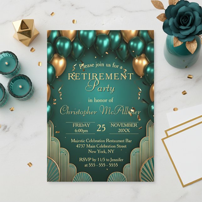 Luxury Teal Gold Balloon Art Deco Retirement Party Invitation (Creator Uploaded)