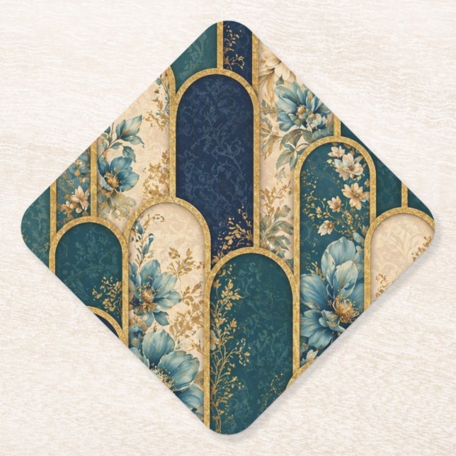 Luxury Teal & Gold Floral Arch Paper Coaster (Front)