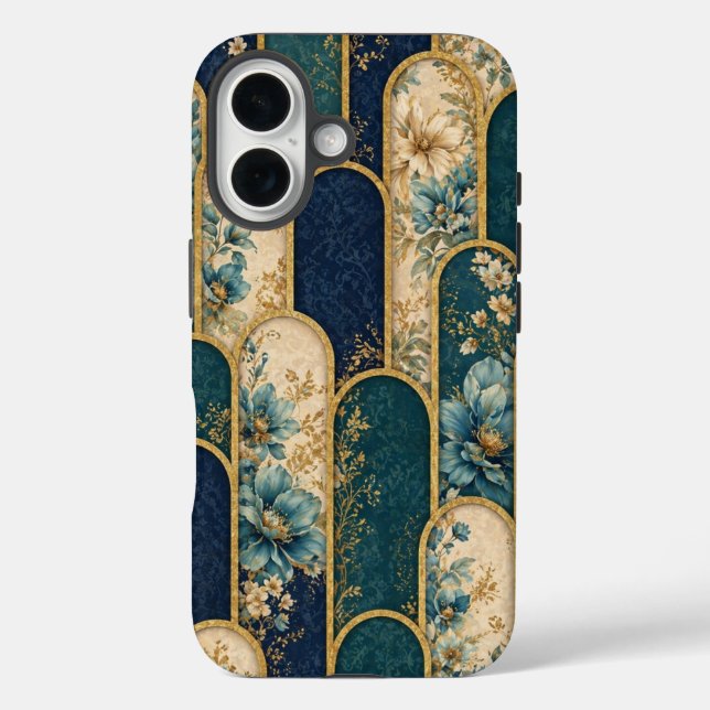 Luxury Teal & Gold Floral Pattern iPhone Case (Back)