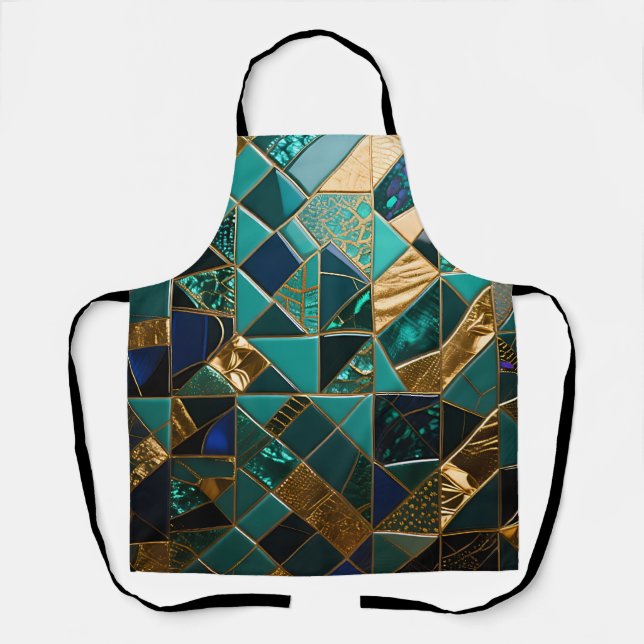 Luxury Teal Gold Geometric Mosaic Pattern Apron (Front)