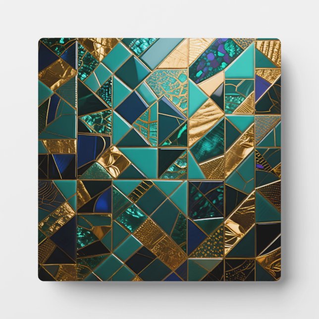 Luxury Teal Gold Geometric Mosaic Pattern Plaque (Front)