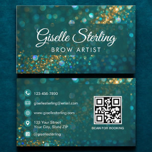 Luxury Teal Gold Glitter Brow Artist QR Code Business Card