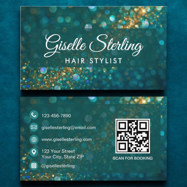 Luxury Teal Gold Glitter Hair Stylist QR Code Business Card (Creator Uploaded)