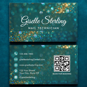 Luxury Teal Gold Glitter Nail Technician QR Code Business Card