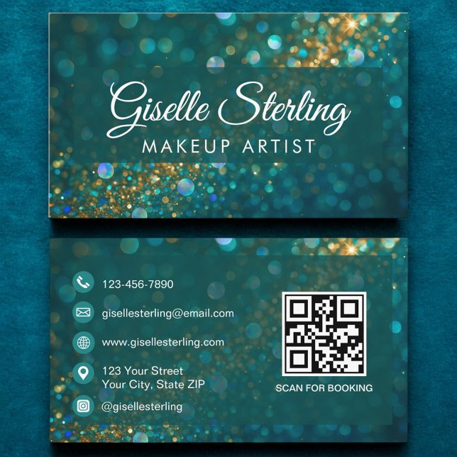 Luxury Teal Gold Glitter Opal Makeup Artist QR Cod Business Card (Creator Uploaded)