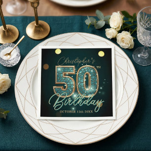 Luxury Teal Gold Mosaic 50th Birthday Party Napkin