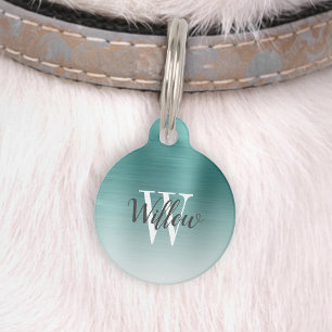 Luxury Teal Green Ombre Brushed Metal Monogram Pet Tag