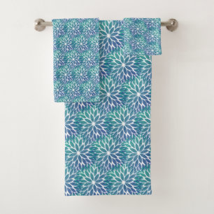 LUXURY TEAL GREEN WHITE DAHLIA BATHROOM TOWEL SET