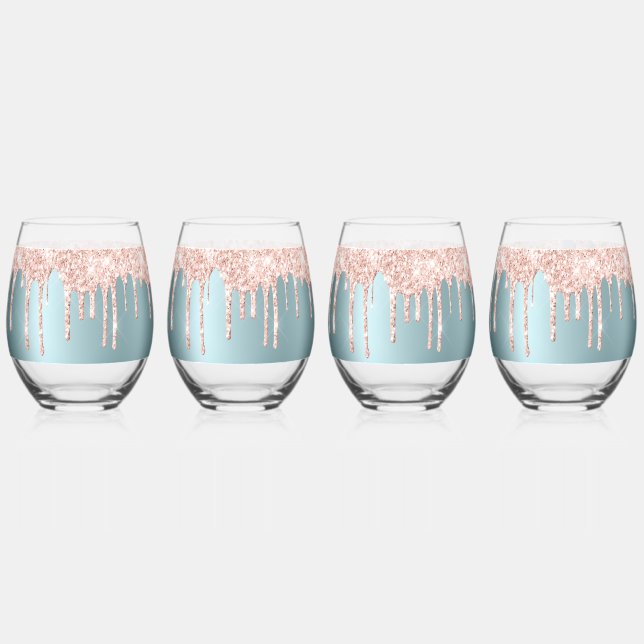 Luxury teal rose gold glitter drips Drinkware Set Stemless Wine Glass (Front)