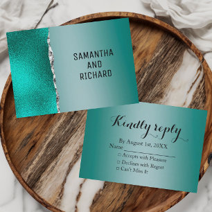 Luxury Teal Turquoise Silver Glitter Wedding RSVP Card