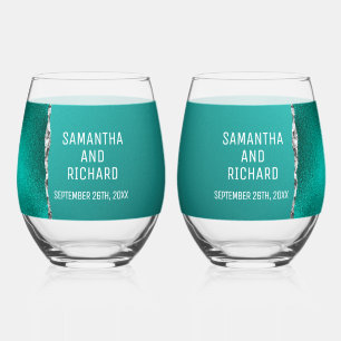 Luxury Teal Turquoise Silver Glitter Wedding Stemless Wine Glass