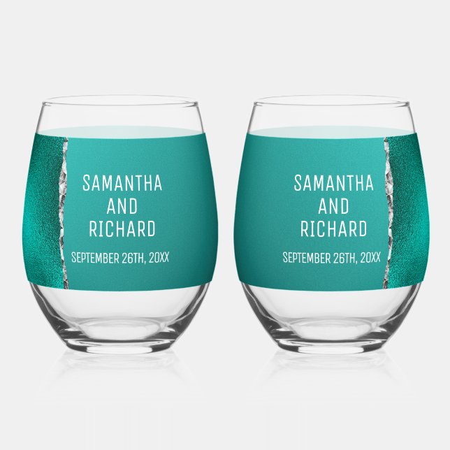 Luxury Teal Turquoise Silver Glitter Wedding Stemless Wine Glass (Front)