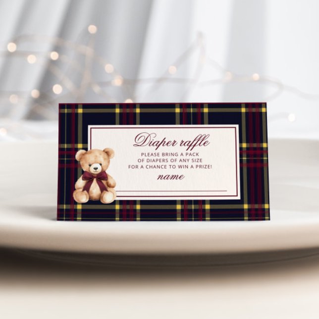 Luxury Teddy Bear Diaper raffle Wine Red Plaid Enclosure Card (Creator Uploaded)