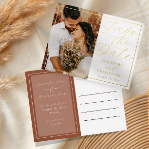 Luxury Terracotta & Gold Save the Date Wedding Foil Holiday Postcard