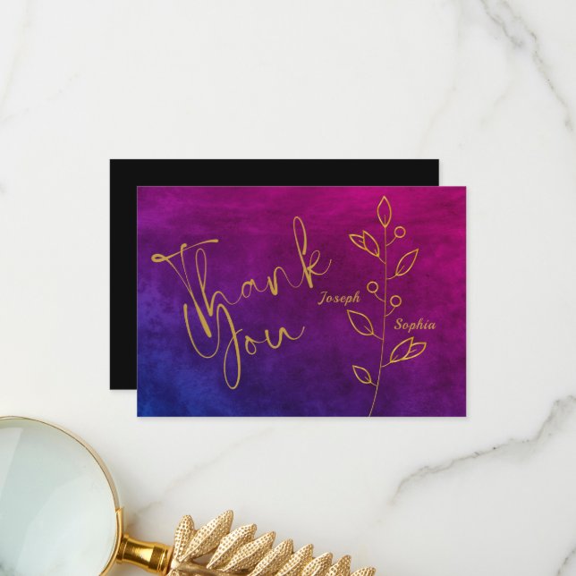 Luxury Texture Purple & Gold leaves Wedding Thank You Card (Front/Back In Situ)