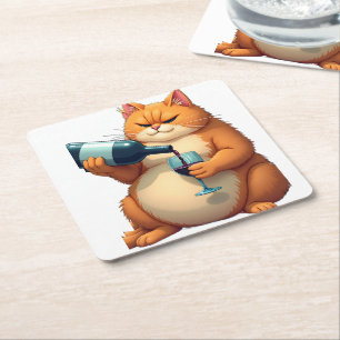 Luxury Tipsy Cat Modern Art Illustration Square Paper Coaster