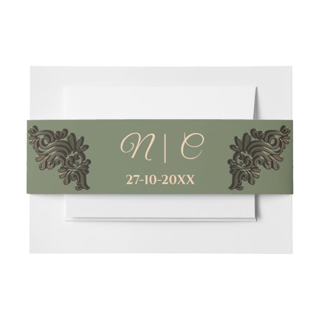 Luxury Traditional Sage green & gold metallic Invitation Belly Band (Front Example)
