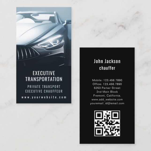 Luxury Transport Car QR Code Blue & Black Business Card (Front/Back)