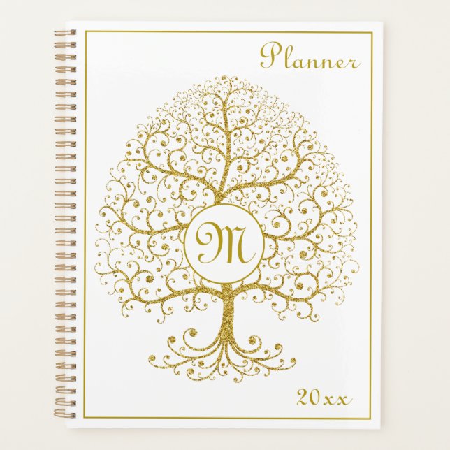Luxury Tree of Life Monogram Gold White Modern Planner (Front)