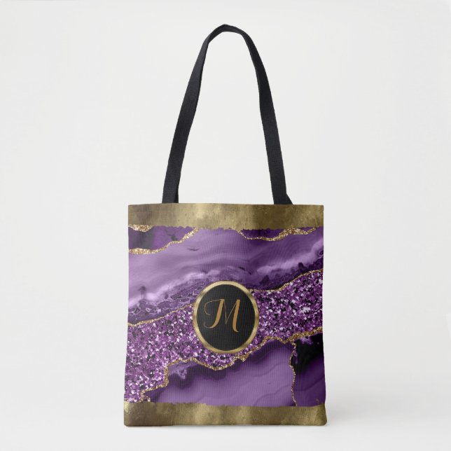 Luxury Trendy Black ,Gold, Purple Faux Agate  Tote Bag (Front)