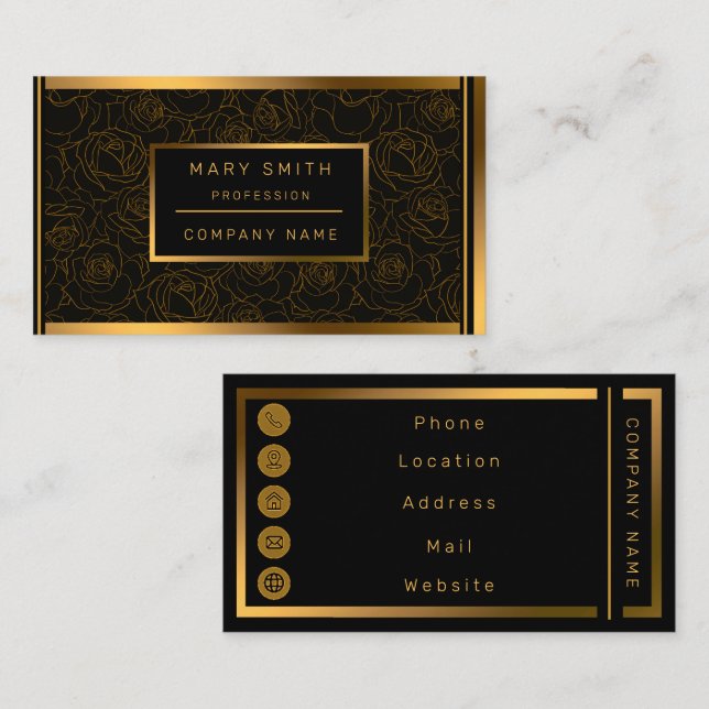  Luxury Trendy Black Gold Rose Add Your Text Busin Business Card (Front/Back)