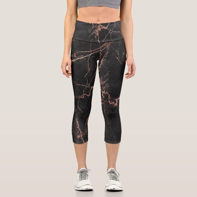 Luxury Trendy Marble Pink Black Capri Leggings (Front)