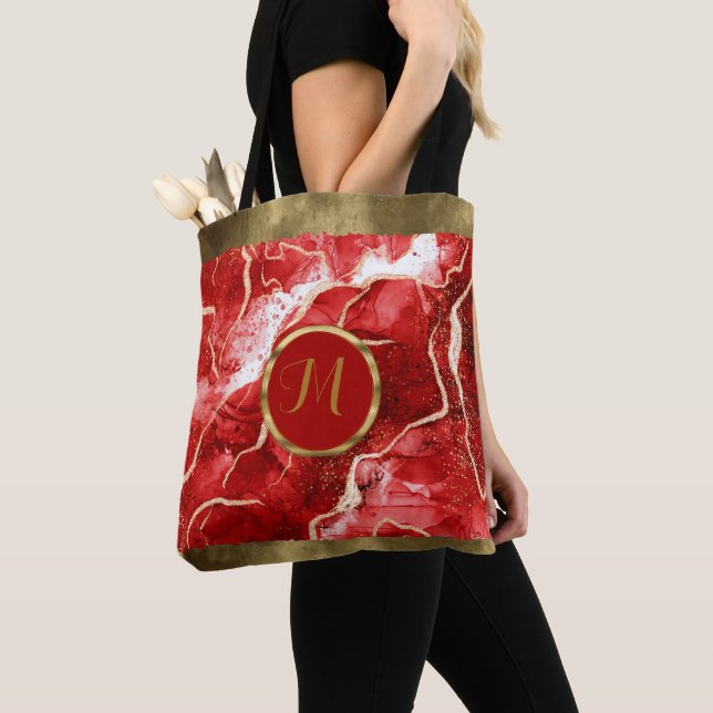 Luxury Trendy Red ,Gold, Pink Faux Agate  Tote Bag (Close Up)