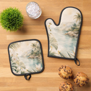 Luxury Tropical Coastal Watercolor Wall Art Oven Mitt & Pot Holder Set