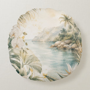 Luxury Tropical Coastal Watercolor Wall Art Round Cushion