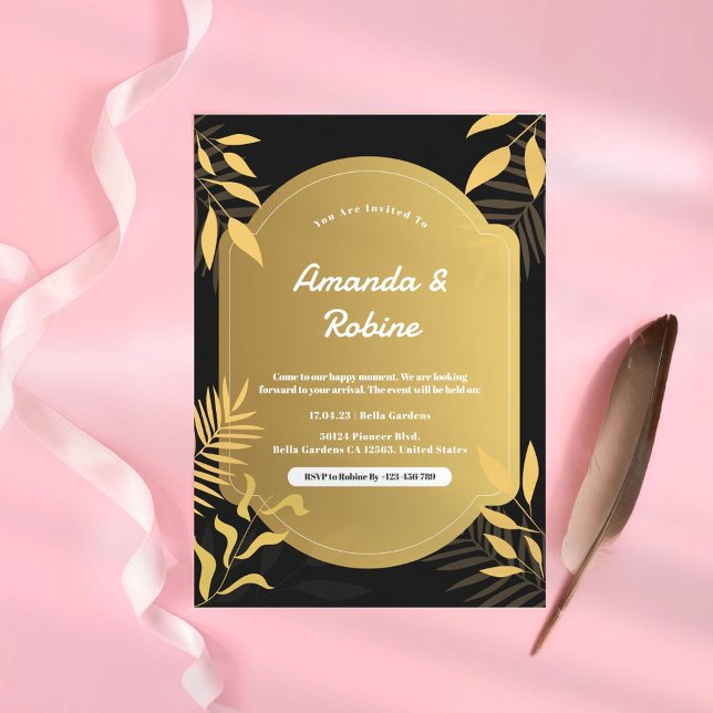 Luxury Tropical Gold & Black Wedding Invitation  (Creator Uploaded)