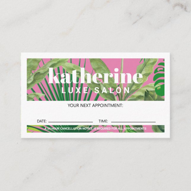 Luxury Tropical Modern Boutique & Salon PInk Appointment Card (Front)