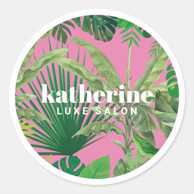 Luxury Tropical Modern Boutique & Salon Pink Classic Round Sticker (Front)