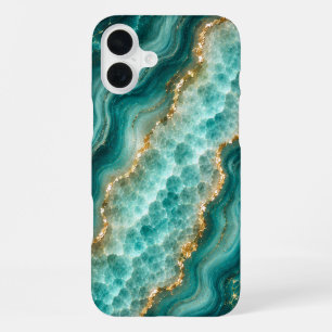 Luxury Turquoise Agate Marble with Gold Veins iPhone 16 Plus Case