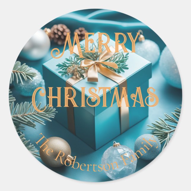 Luxury Turquoise Blue & Gold Christmas Gifts  Classic Round Sticker (Front)