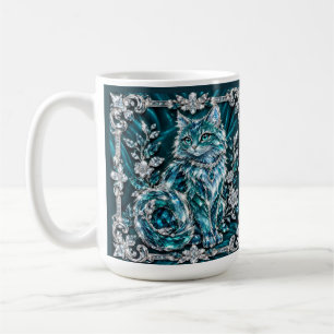 Luxury Turquoise Crystal Cat Silver Frame Coffee Mug