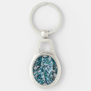 Luxury Turquoise Crystal Cat Silver Frame Key Ring
